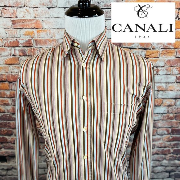 Canali Sportswear Italy Brown Orange Striped Shirt - Picture 1 of 4